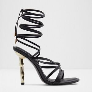 Aldo Black and Gold BAMBA Sculptural Heel Tie-Up Ankle Sandals 8.5